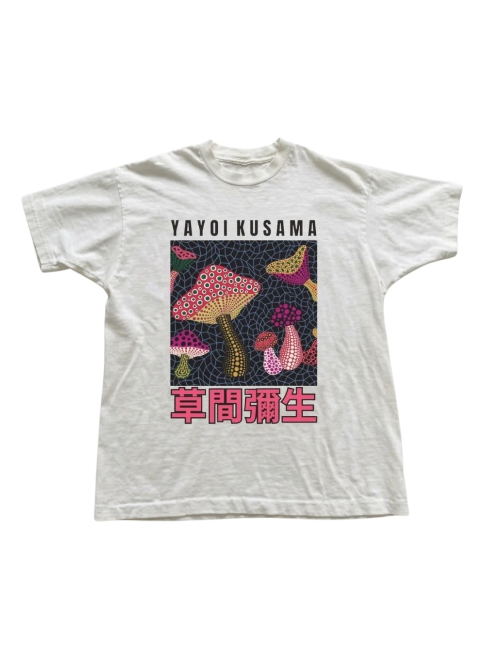 Gildan White Graphic Tee with Pink & Black Mushroom Art